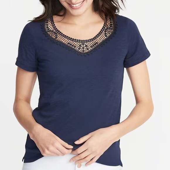 Old Navy Blue T-Shirt with Crochet Detail – Soft & Loose Fit - Picture 1 of 3